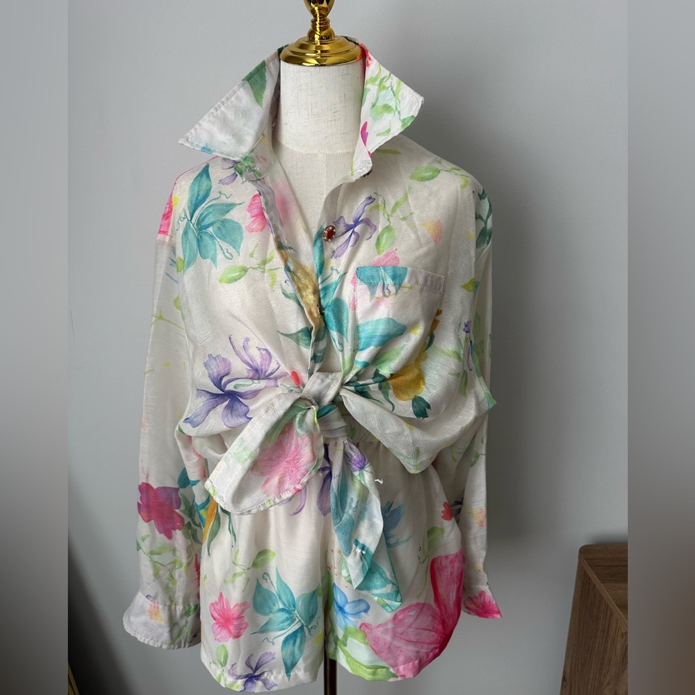2-Piece Floral Watercolor Button-Up Shirt & Shorts